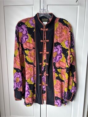 Bob Mackie Black Floral Mandarin-Style Blazer with Pink & Purple Blooms